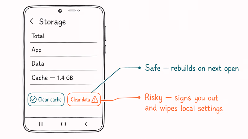 Galaxy app Storage screen highlighting safe Clear cache button next to risky Clear data warning