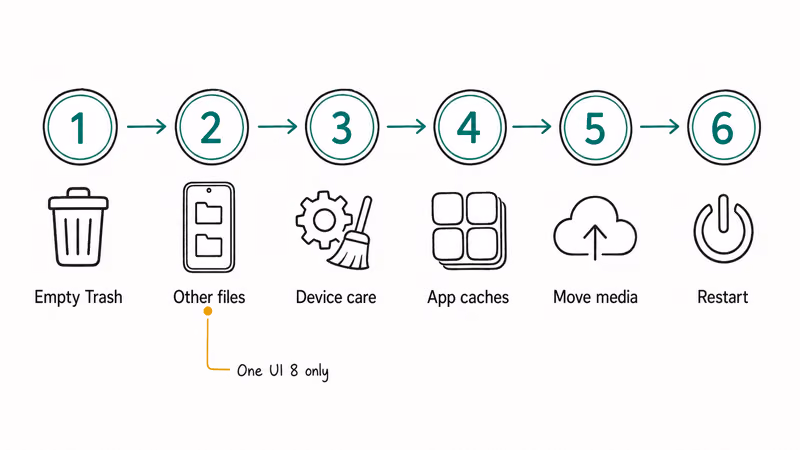 Six step horizontal flow for Samsung Galaxy storage cleanup from emptying Trash through restart