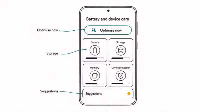 Samsung Galaxy Battery and device care dashboard with Optimise now button storage card and suggestions row