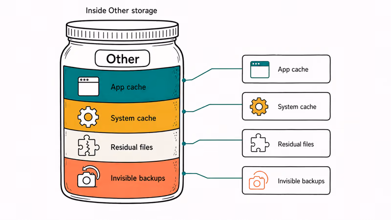 Hand-drawn breakdown of Samsung Other storage bucket showing cache residual files and invisible backup layers