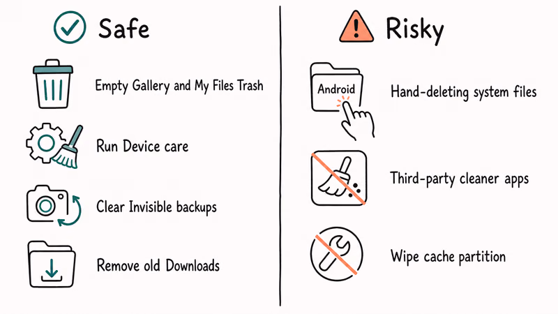 Side by side comparison of safe Samsung cleanup paths versus risky third party cleaner methods and manual deletion