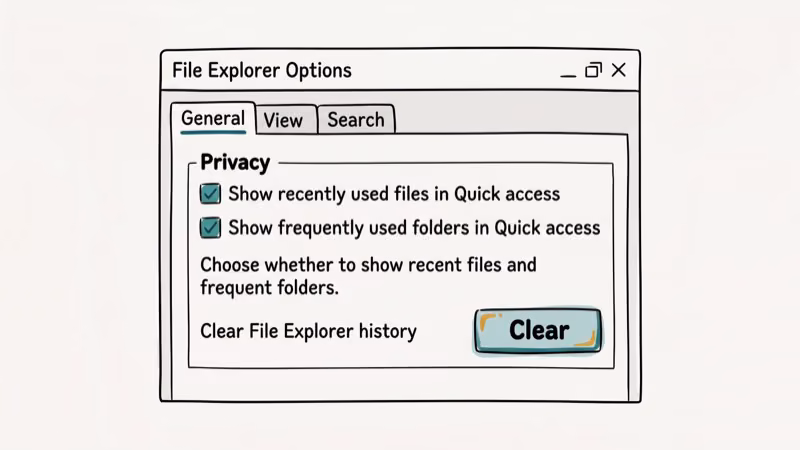 Windows 10 File Explorer Folder Options dialog showing Privacy clear button