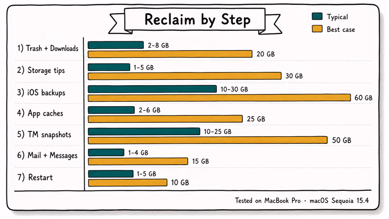 Hand-drawn horizontal bar chart of typical and best-case storage reclaim from each Mac cleanup step.