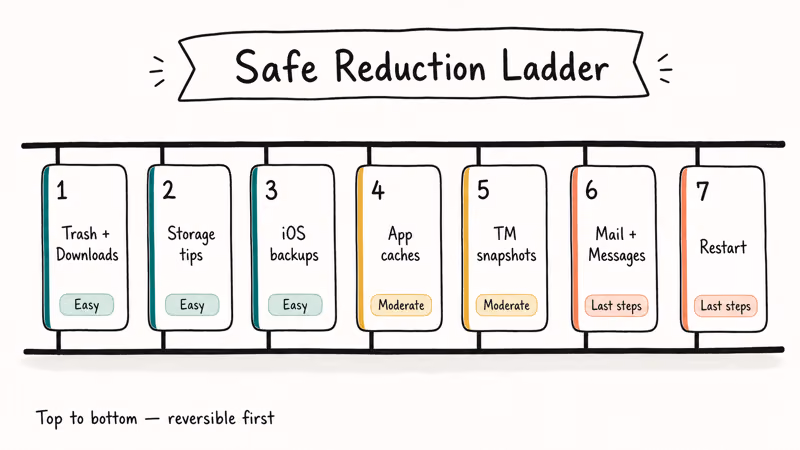 Seven-rung hand-drawn ladder visualizing the safe order of Mac System Data cleanup steps.