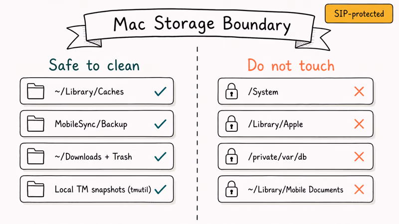 Two-column hand-drawn comparison of macOS folders safe to clean versus paths that must stay untouched.