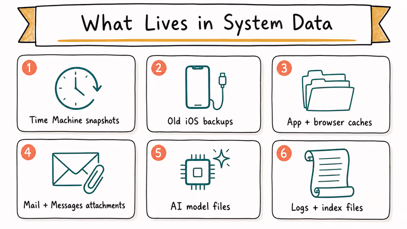Six-card hand-drawn diagram of the major sources that fill macOS System Data storage.