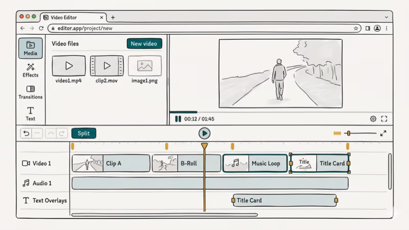 Hand-drawn illustration of a browser-based video editor timeline interface