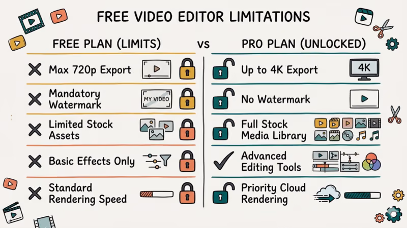 Hand-drawn illustration showing free video editor limitations and export restrictions
