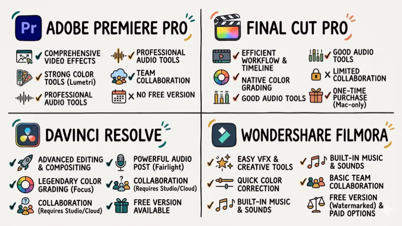 Hand-drawn illustration comparing four desktop video editing alternative applications
