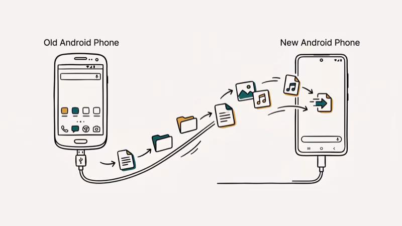 Two Android phones connected via USB-C cable for direct data transfer