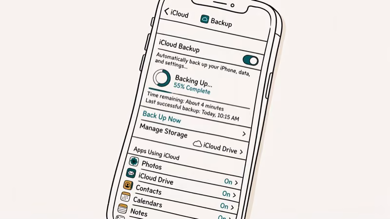 iPhone iCloud settings screen showing backup and sync progress options