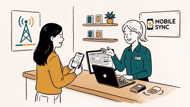 Phone carrier representative assisting with number transfer between devices