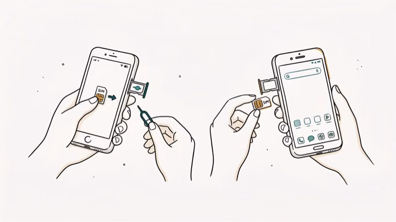 SIM card being removed from one phone and inserted into another device