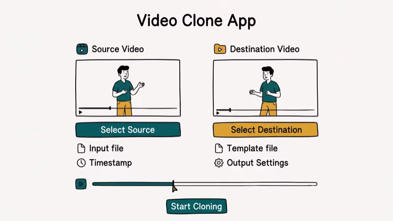 Video cloning app interface showing source and destination file selection