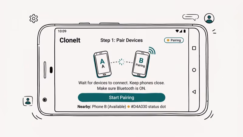 CloneIt app setup screen on Android showing device pairing process