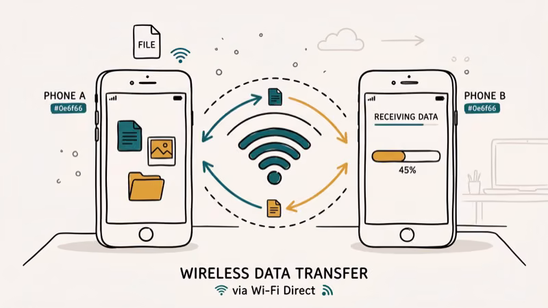 Two phones connected via WiFi Direct showing wireless data transfer progress