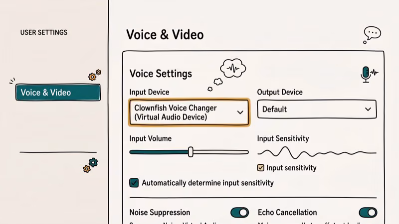 Discord voice settings showing Clownfish voice changer as input device
