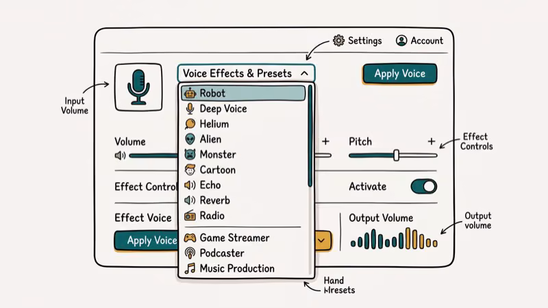 Voice changer software interface showing dropdown list of voice effects