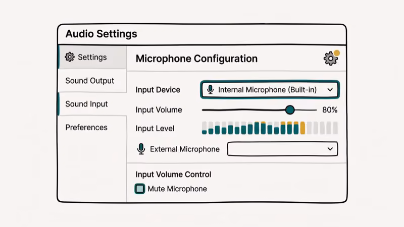 Computer audio settings panel with microphone input configuration options