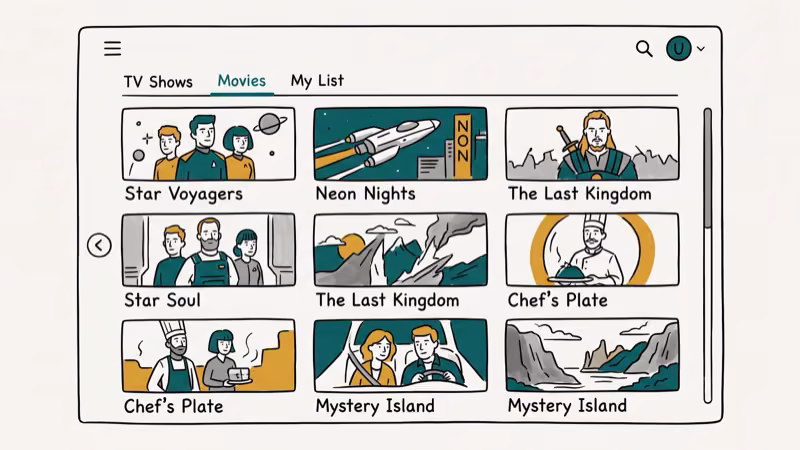 Grid of movie and TV show thumbnails on streaming platform interface