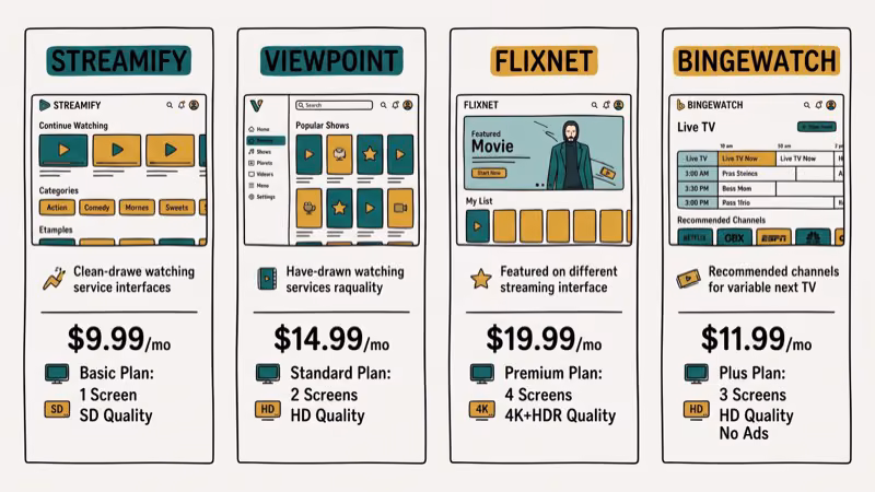 Side by side comparison of different streaming service interfaces and pricing