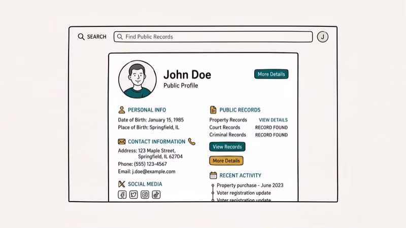Search results page showing person profile with public records information