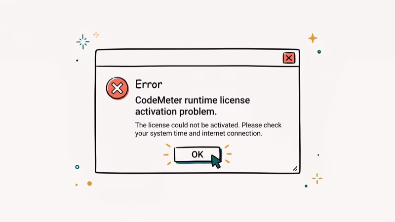 Windows error dialog showing CodeMeter runtime license activation problem