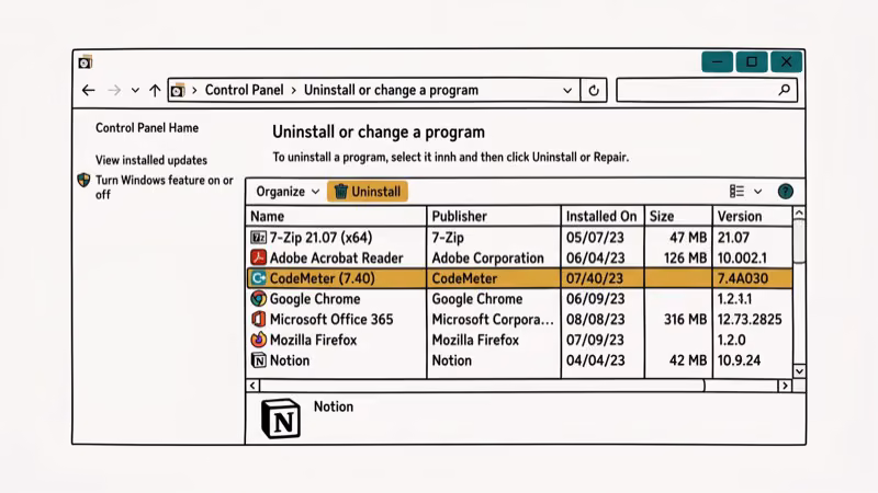 Windows Control Panel programs list with CodeMeter highlighted for removal