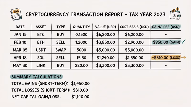 Tax document with cryptocurrency transaction entries and cost basis calculations