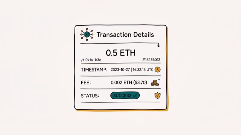 Detailed view of single crypto transaction showing fees and timestamp