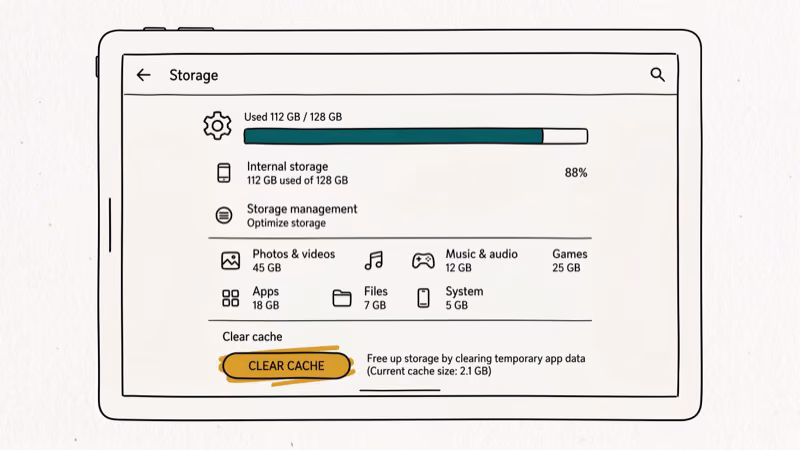 Android settings storage screen with clear cache button highlighted