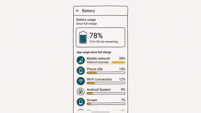 Android battery usage settings showing telecom process power consumption