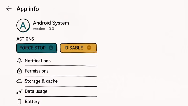 Android app settings showing force stop button for system telecom service