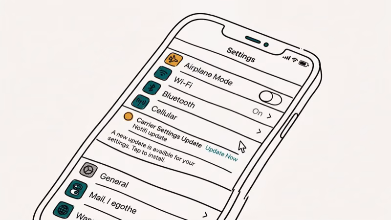iPhone general settings screen showing carrier settings update notification