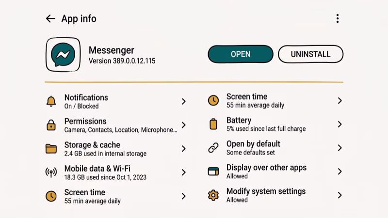 Android app info screen showing Facebook Messenger package name and details