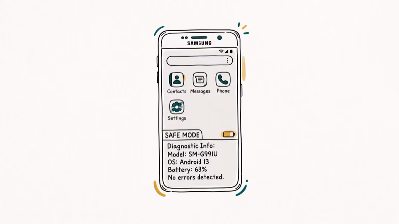 Samsung phone booting into safe mode with diagnostic label on screen