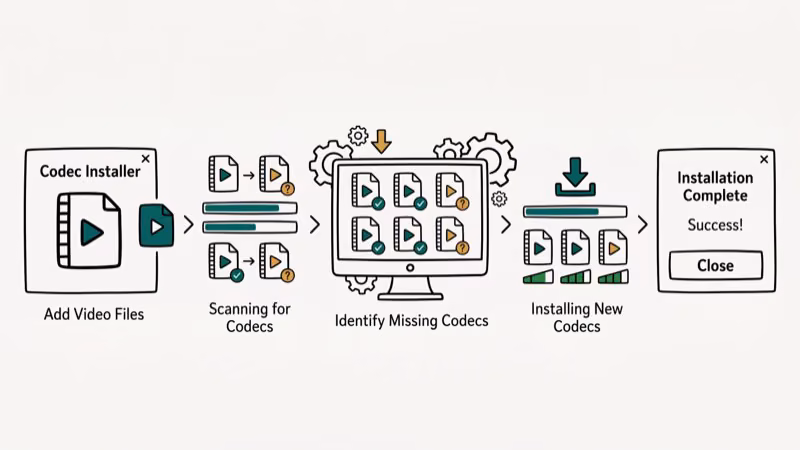 Windows media codec installation wizard with video file format icons