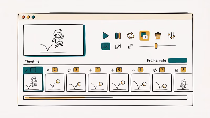 GIF editing software interface with timeline and multiple animation frames