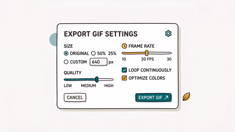 Export settings dialog showing GIF size quality and frame rate options