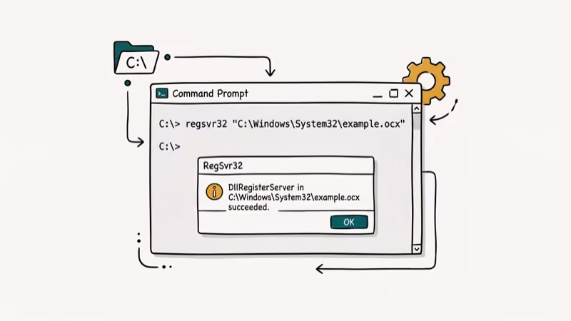 Windows Command Prompt showing regsvr32 command registering OCX file