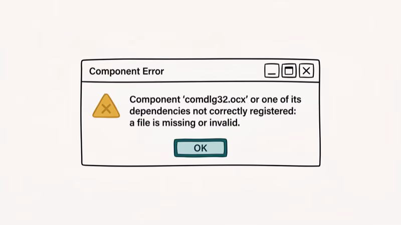 Windows error dialog showing component comdlg32.ocx missing or invalid
