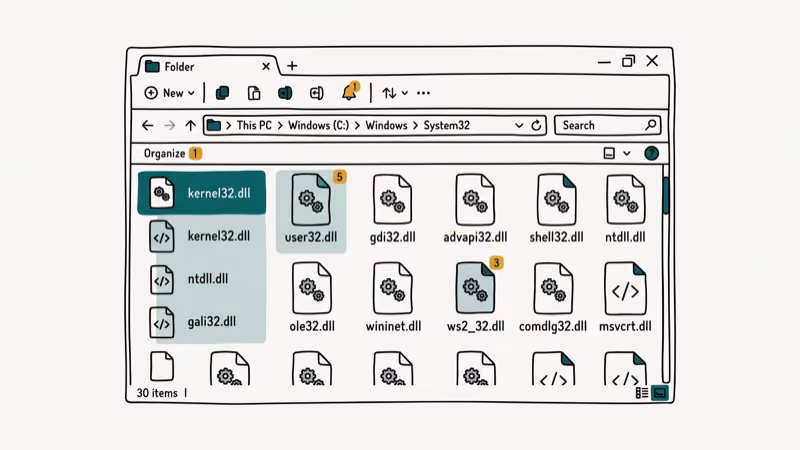 Windows System32 folder view showing DLL and OCX system files