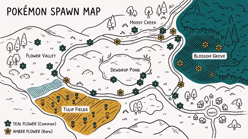 Pokemon GO game map showing Comfey spawn locations near tropical areas