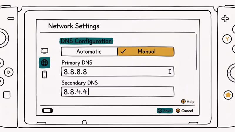 Network settings screen showing custom DNS server address configuration