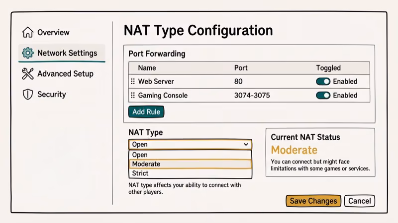 Router admin panel showing NAT type settings configuration page