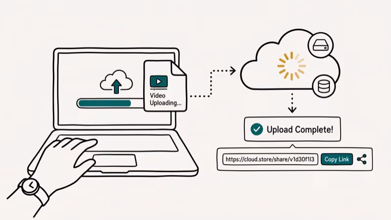 Video file being uploaded to cloud storage with shareable link generation