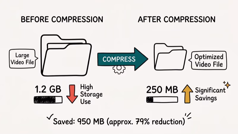 Before and after file size comparison showing compressed video savings