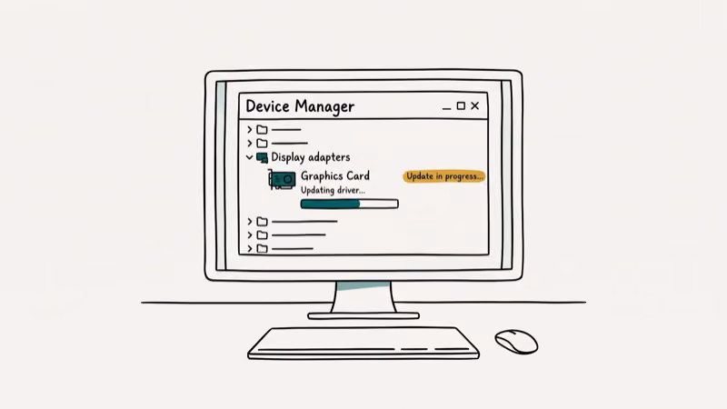 Device manager showing graphics driver update dialog on Windows desktop