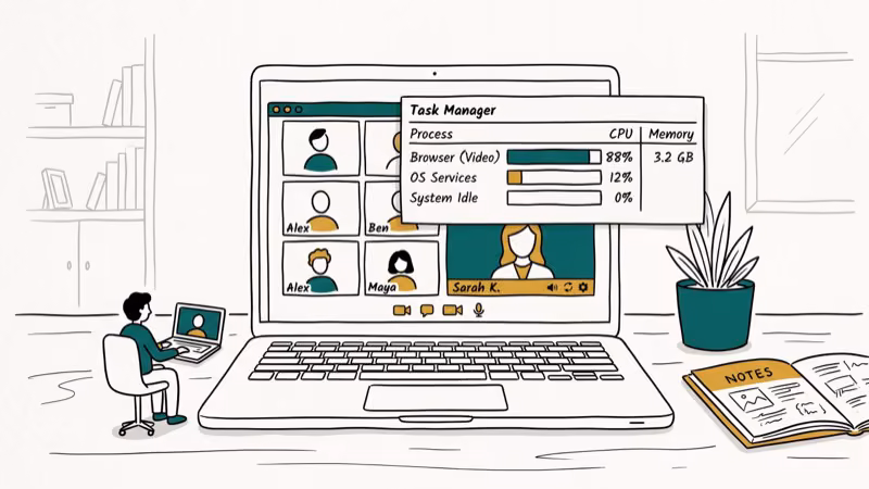Computer task manager showing high CPU and RAM usage during video call