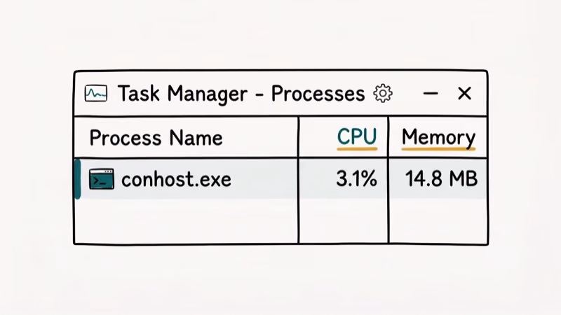 Windows Task Manager properties showing conhost.exe file location details